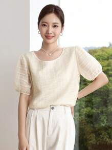 DAZY Blusa unicolor de manga farol - Albaricoque - Ver 5