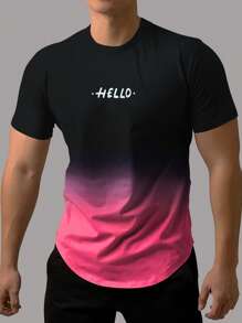 Manfinity Homme 男士字母圖案漸層弧形下擺T恤 - 玫紅色 - 查看 1