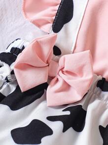 Mono De Cuerpo Entero Para Bebé Niña Con Diseño De Estampado De Vaca, Borde Con Volantes Y Arco En La Parte Delantera - Multicolor - Ver 3
