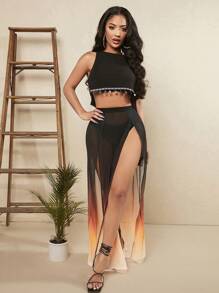 SHEIN SXY 漸層高衩網紗覆蓋半身裙不帶內褲 - 彩色 - 查看 4