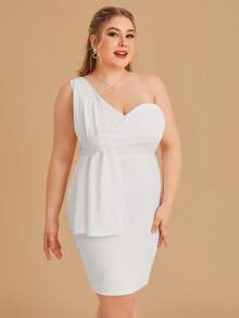 SHEIN Belle Plus One Shoulder Draped Detail Bodycon Dress - White - View 2