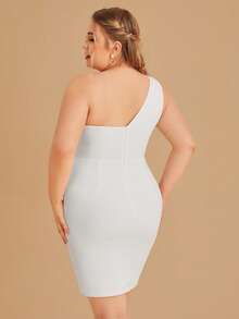 SHEIN Belle Plus One Shoulder Draped Detail Bodycon Dress - White - View 3