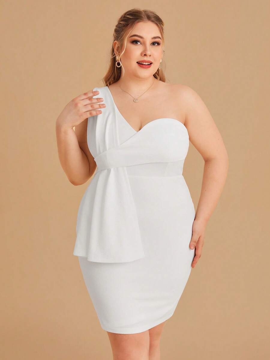SHEIN Belle Plus One Shoulder Draped Detail Bodycon Dress - White - View 1