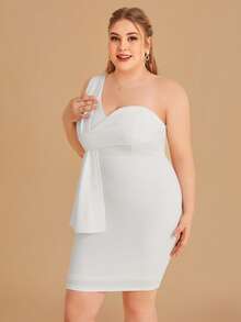 SHEIN Belle Plus One Shoulder Draped Detail Bodycon Dress - White - View 5
