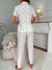 Ditsy Floral Print Contrast Piping PJ Set - White - View 2
