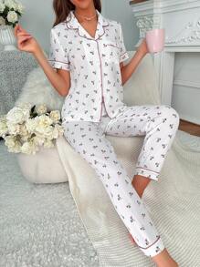 Ditsy Floral Print Contrast Piping PJ Set - White - View 3
