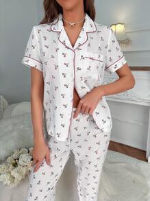 Ditsy Floral Print Contrast Piping PJ Set - White - View 4