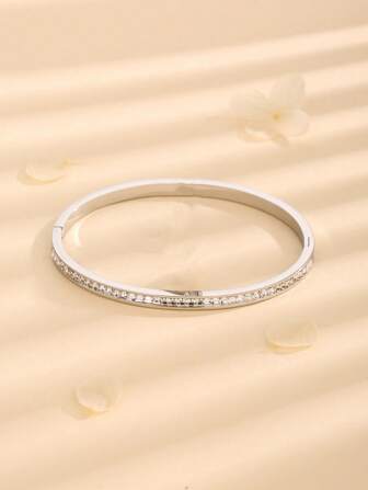 1pc Single Row Bling Cuff Bracelet Stainless Steel Fashion Square Rhinestone Design