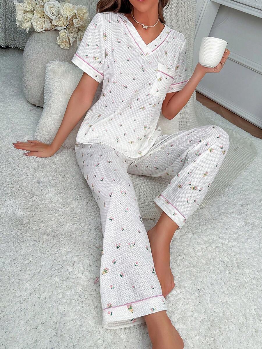 碎花拼接滾邊睡衣套裝 - 白色 - 查看 1