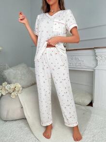 碎花拼接滾邊睡衣套裝 - 白色 - 查看 4