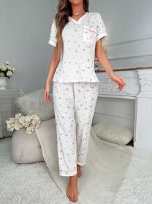 碎花拼接滾邊睡衣套裝 - 白色 - 查看 5