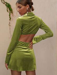 Sollinarry Cut Out Waist Button Front Shirt Dress - Olive Green - View 2