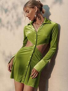 Sollinarry Cut Out Waist Button Front Shirt Dress - Olive Green - View 4