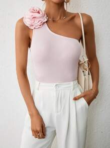 SHEIN Privé One Shoulder Appliques Detail Top - Baby Pink - View 1