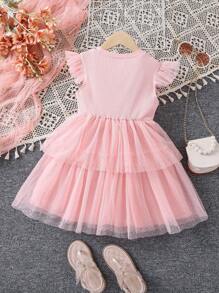 Niñas Vestido ribete con fruncido bajo con malla - Rosa - Ver 2