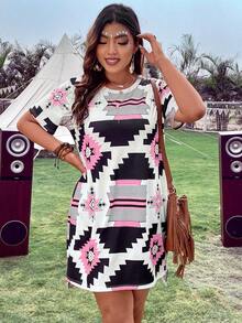 SHEIN Holidaya Plus Geo Print Tee Dress - Multicolor - View 3