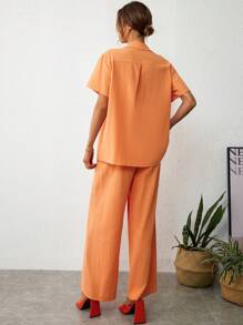 SHEIN Essnce Bộ đồ hai mảnh nữ Nút phía trước màu trơn Giải trí - trái cam - Xem 3