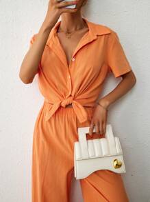 SHEIN Essnce Bộ đồ hai mảnh nữ Nút phía trước màu trơn Giải trí - trái cam - Xem 4