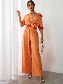 SHEIN Essnce Bộ đồ hai mảnh nữ Nút phía trước màu trơn Giải trí - trái cam - Xem 5