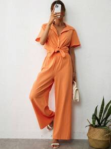 SHEIN Essnce Bộ đồ hai mảnh nữ Nút phía trước màu trơn Giải trí - trái cam - Xem 1