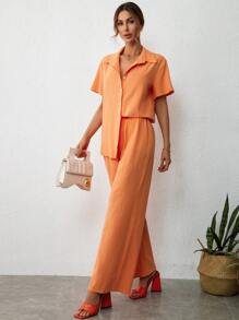 SHEIN Essnce Bộ đồ hai mảnh nữ Nút phía trước màu trơn Giải trí - trái cam - Xem 6