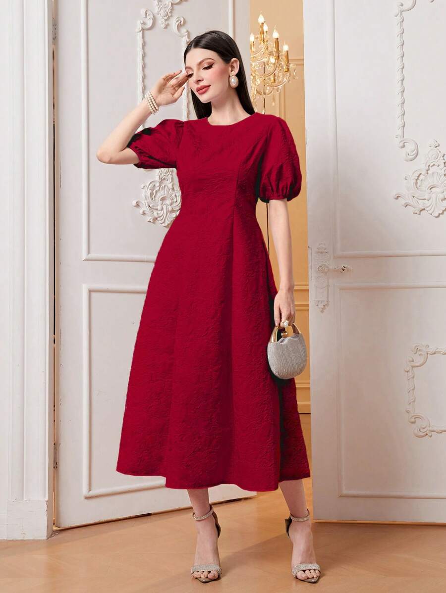 Modelyn Solid Puff Sleeve A-line Dress - Red - View 1