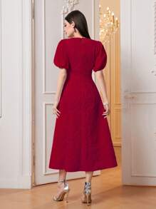 Modelyn Solid Puff Sleeve A-line Dress - Red - View 2