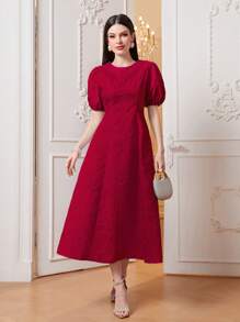 Modelyn Solid Puff Sleeve A-line Dress - Red - View 4