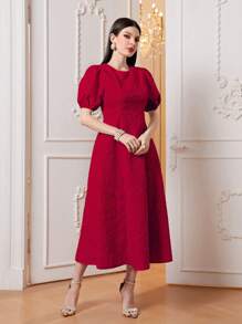 Modelyn Solid Puff Sleeve A-line Dress - Red - View 5