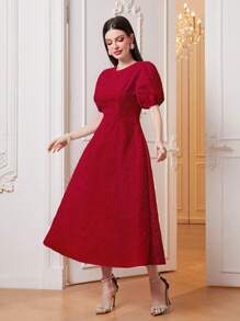 Modelyn Solid Puff Sleeve A-line Dress - Red - View 6