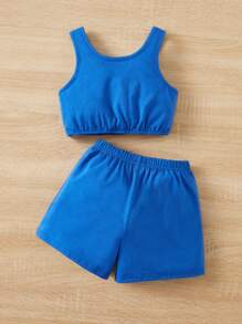 SHEIN 嬰兒素色背心上衣和字母圖案短褲 - 藍色 - 查看 2