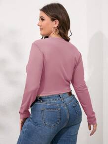 Celure Áo thun Plus size Cắt ra Gân đan màu trơn Giải trí - Hồng - Xem 2