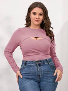 Celure Áo thun Plus size Cắt ra Gân đan màu trơn Giải trí - Hồng - Xem 6