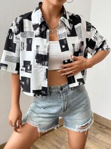 SHEIN EZwear Áo sơ mi nữ Nút phía trước Đồ họa Slogan Giải trí - Đen và trắng - Xem 1