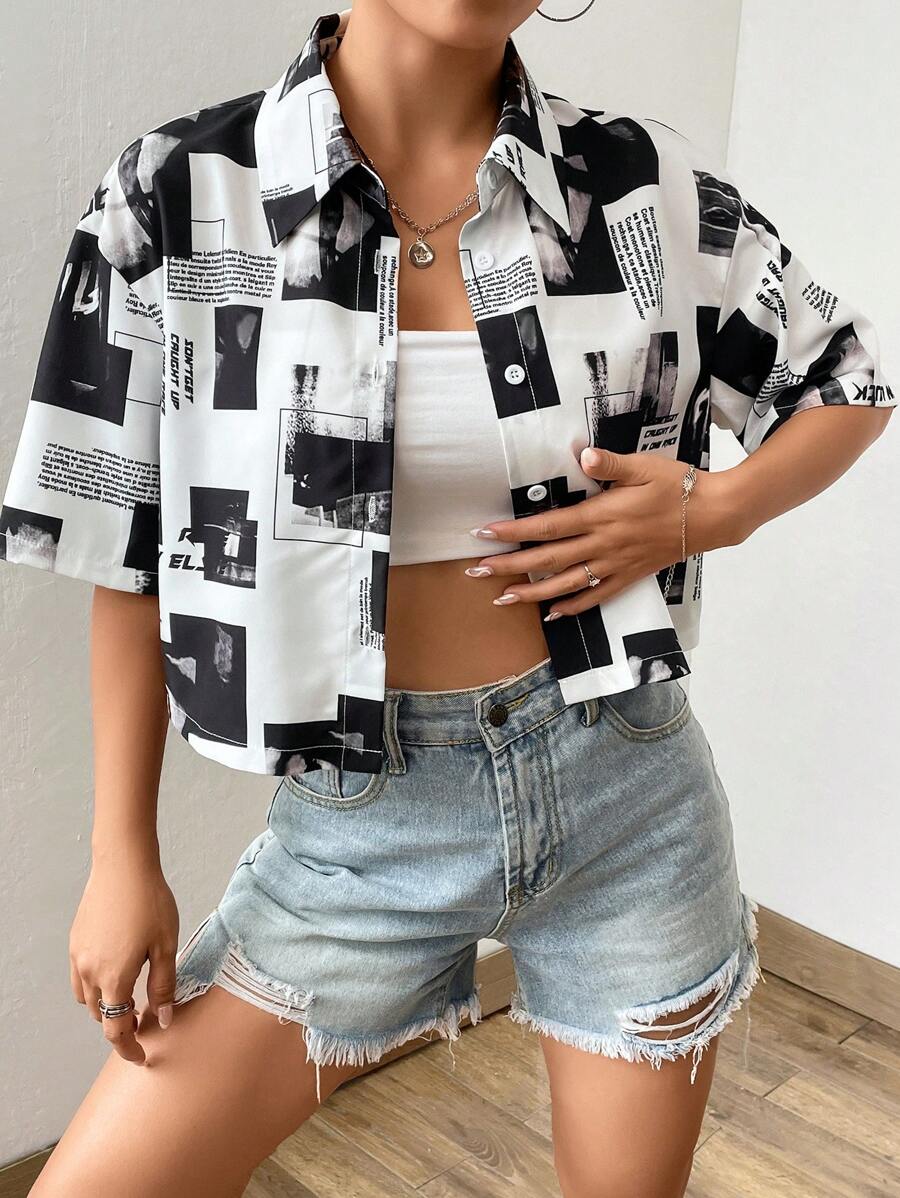SHEIN EZwear Áo sơ mi nữ Nút phía trước Đồ họa Slogan Giải trí - Đen và trắng - Xem 1