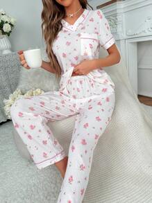 印花拼接滾邊睡衣套裝 - 白色 - 查看 1