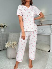 印花拼接滾邊睡衣套裝 - 白色 - 查看 4