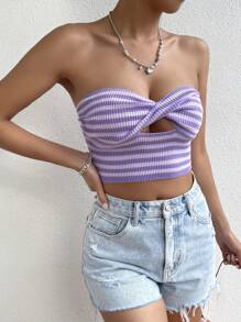 SHEIN Unity Striped Pattern Twist Front Cut Out Tube Knit Top - Multicolor - View 5