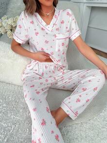 印花拼接滾邊睡衣套裝 - 白色 - 查看 5