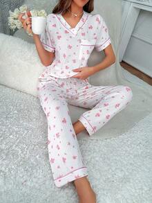 印花拼接滾邊睡衣套裝 - 白色 - 查看 6