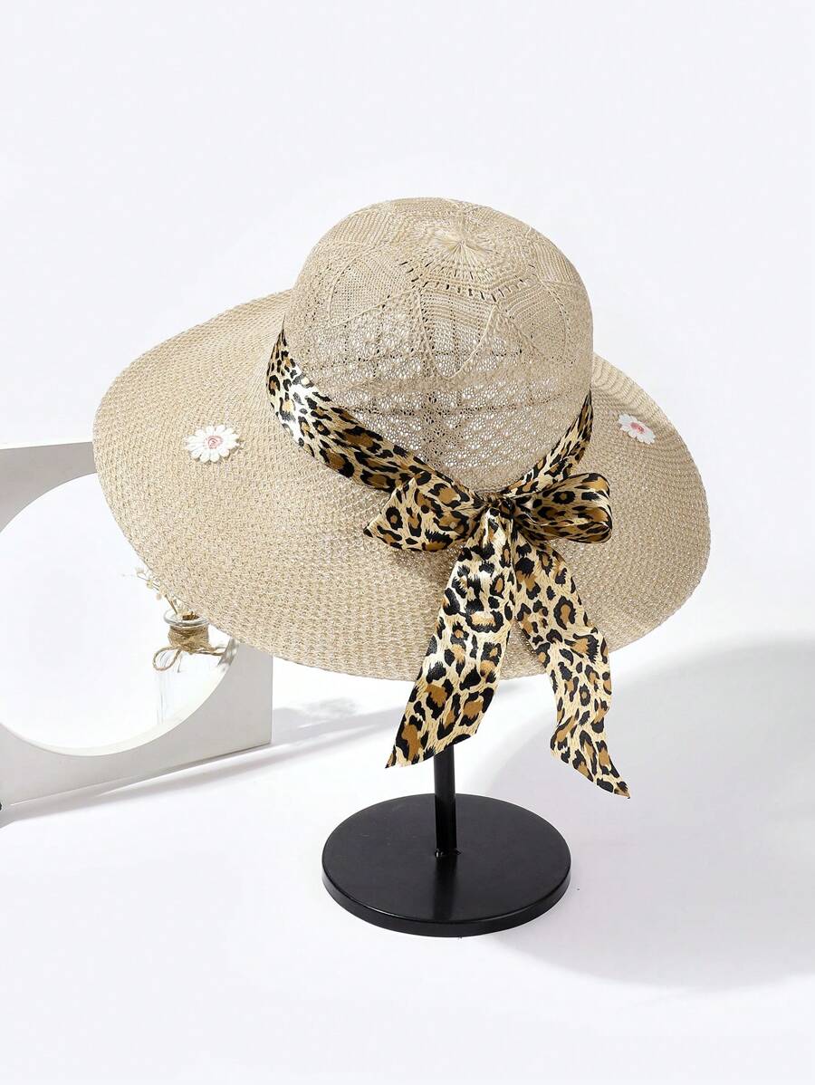 1入組女士豹紋蝴蝶結裝飾編織細節時尚草編帽適用於海灘 - 卡其色 - 查看 1