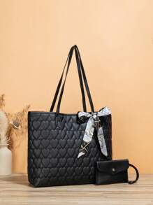 Bộ 2 Túi Đeo Vai Túi Tote Ví Khăn Trang Trí Nam Châm Họa Tiết Trái Tim - màu đen - Xem 3