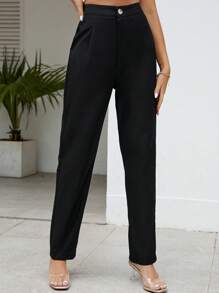 SHEIN Tall Quần nữ Nút Dây kéo màu trơn Giải trí - màu đen - Xem 3