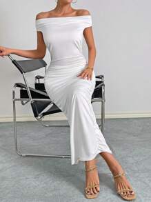 SHEIN Privé Đầm Xù màu trơn Thanh lịch - trắng - Xem 4