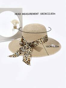 1入組女士豹紋蝴蝶結裝飾編織細節時尚草編帽適用於海灘 - 卡其色 - 查看 5