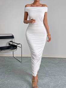 SHEIN Privé Đầm Xù màu trơn Thanh lịch - trắng - Xem 5