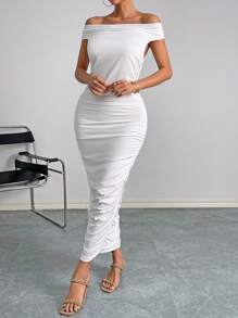 SHEIN Privé Đầm Xù màu trơn Thanh lịch - trắng - Xem 7