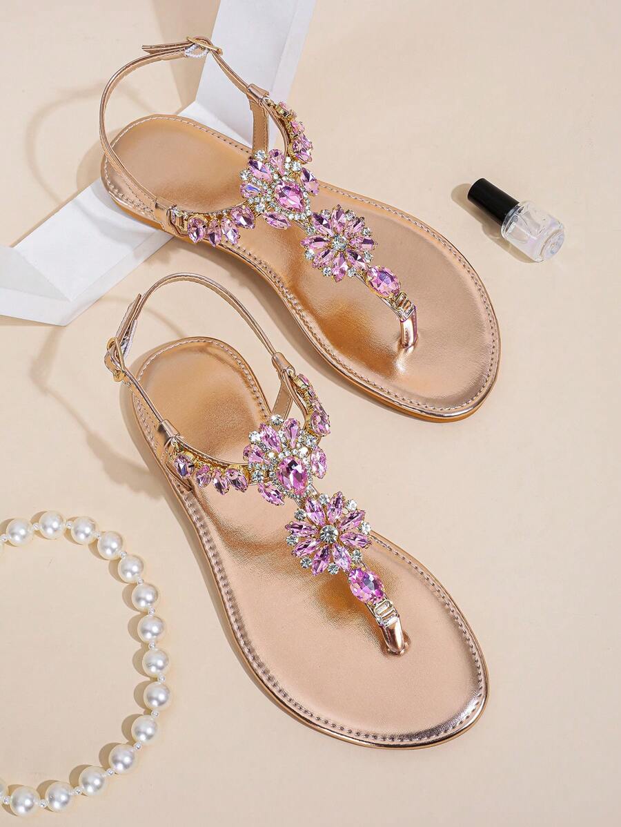 Women Champagne Metallic Rhinestone Decor Thong Sandals, Toe Post T-Strap Flat Sandals For Party Valentines,Flip Flops,Spring Summer Outfits - Champagne - View 1