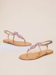 Women Champagne Metallic Rhinestone Decor Thong Sandals, Toe Post T-Strap Flat Sandals For Party Valentines,Flip Flops,Spring Summer Outfits - Champagne - View 2