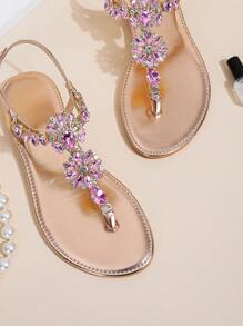 Women Champagne Metallic Rhinestone Decor Thong Sandals, Toe Post T-Strap Flat Sandals For Party Valentines,Flip Flops,Spring Summer Outfits - Champagne - View 3
